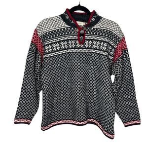 Alps Fair Isle Wool Blend Sweater Black Red Button Accent Crewneck Winter L